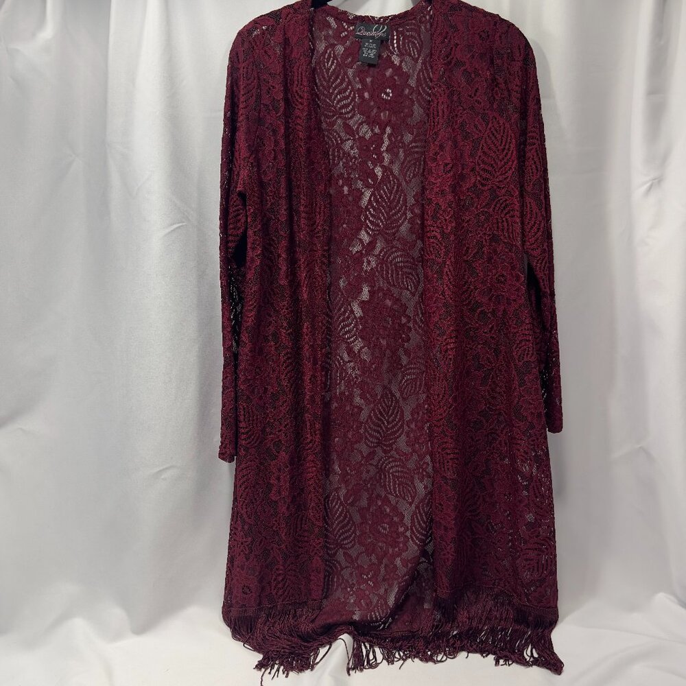 NWOT Questions Ladies Lace SZ M Fringed Long Sleeve Lach Crotchet Purple Duster